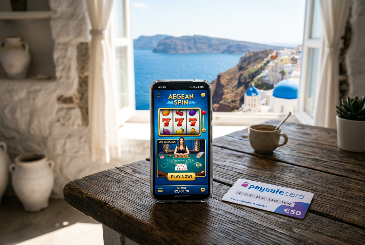 A smartphone displaying a casino app next to a Paysafecard voucher on a wooden table.